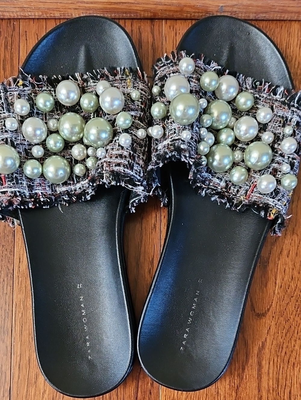 Zara Black Tweed Slide Sandals with Pearl Embellishments